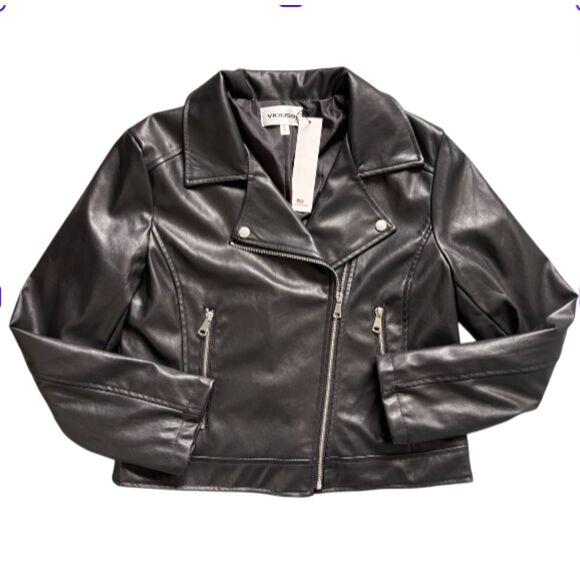 NWT Vigoss Vegan Leather Black Motorcycle Jacket w/ Silver Hardware size L - Picture 1 of 8